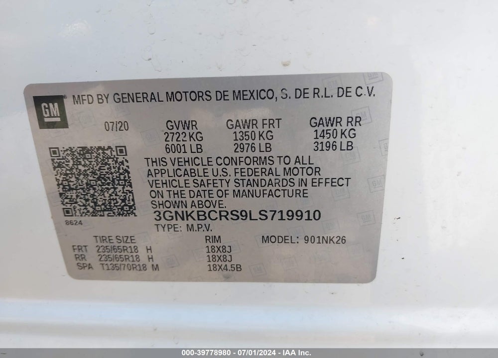 2020 CHEVROLET BLAZER FWD 2LT VIN: 3GNKBCRS9LS719910