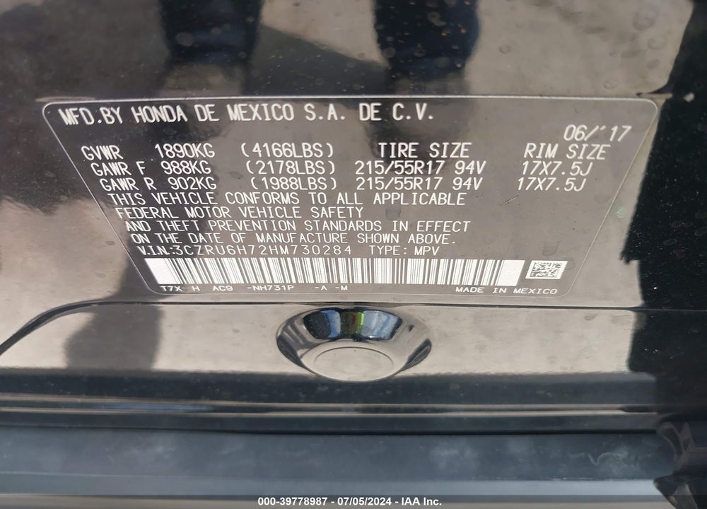 2017 HONDA HR-V EX-L VIN: 3CZRU6H72HM730284