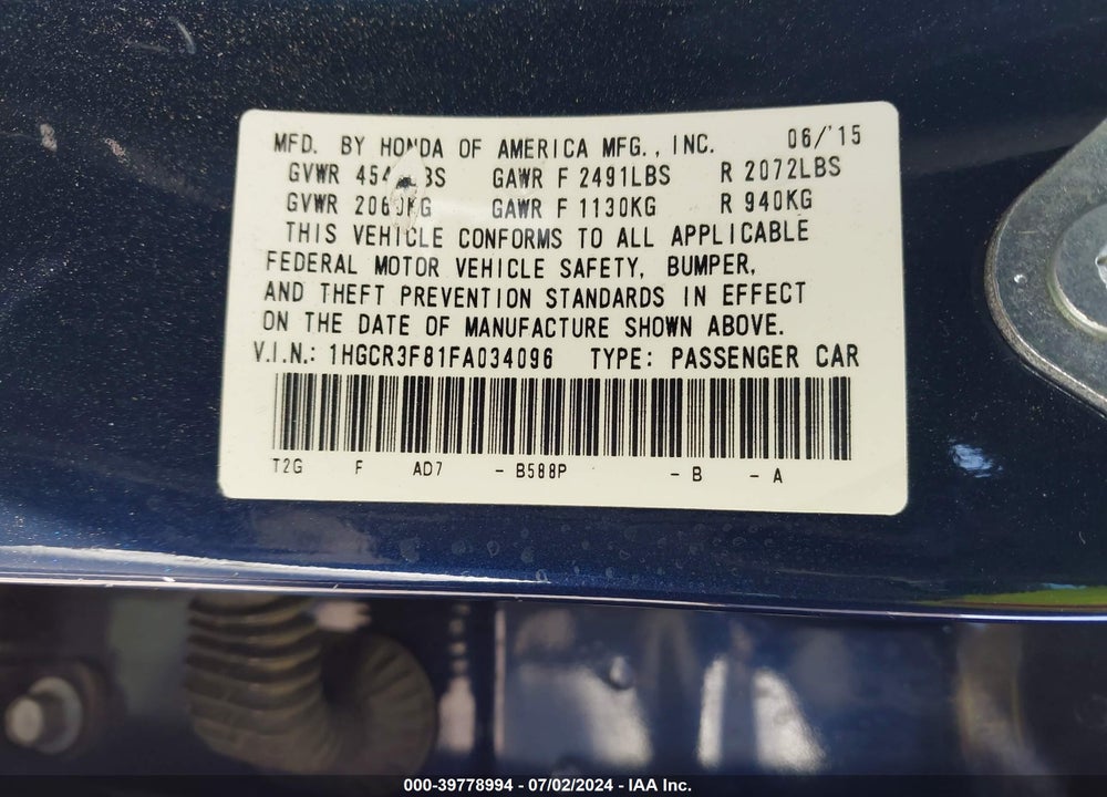 2015 HONDA ACCORD EX-L V-6 VIN: 1HGCR3F81FA034096