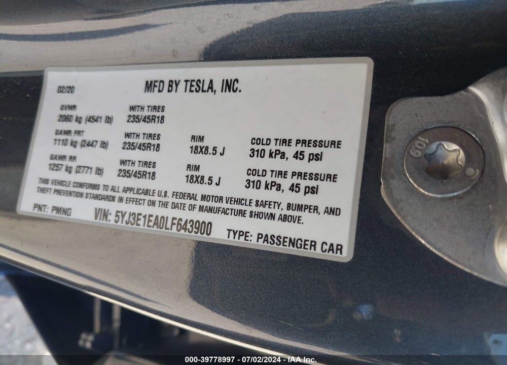 2020 TESLA MODEL 3 STANDARD RANGE PLUS REAR-WHEEL DRIVE/STANDARD RANGE REAR-WHEEL DRIVE VIN: 5YJ3E1EA0LF643900