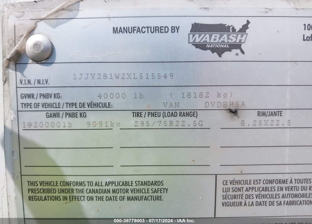 1999 WABASH NATIONAL CORP --- VIN: 1JJV281W2XL515549