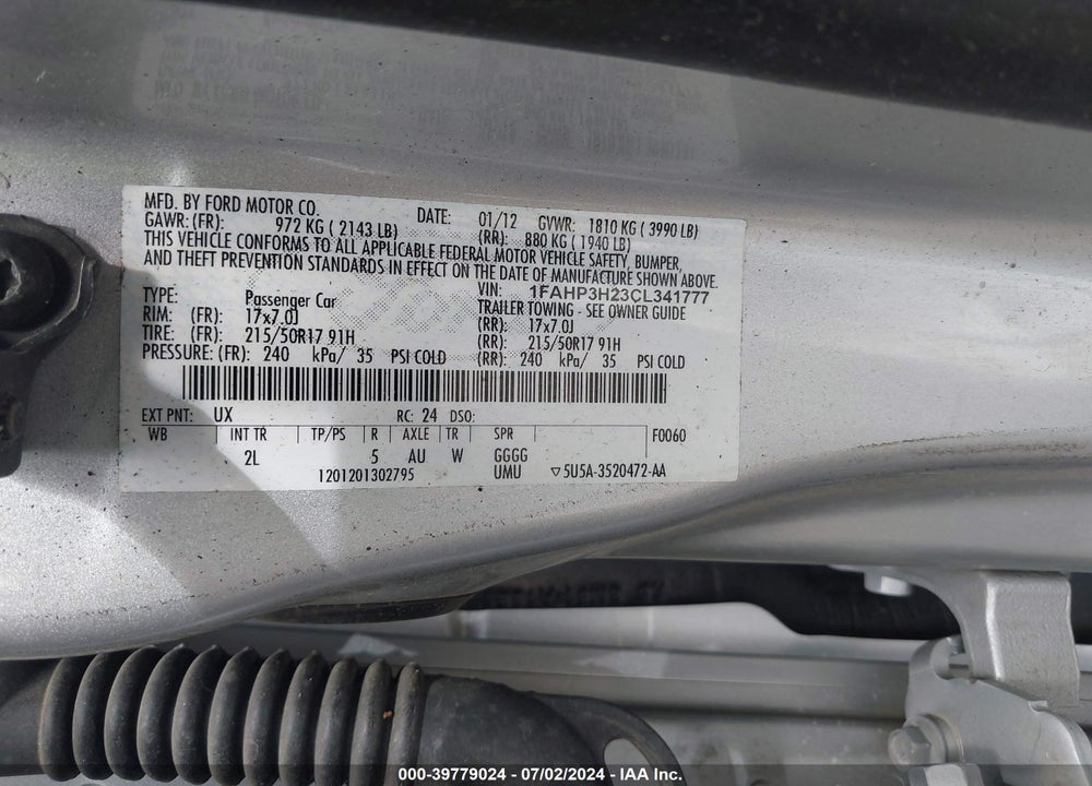 2012 FORD FOCUS SEL VIN: 1FAHP3H23CL341777