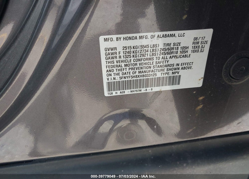 2017 HONDA PILOT EX-L VIN: 5FNYF5H8XHB033125
