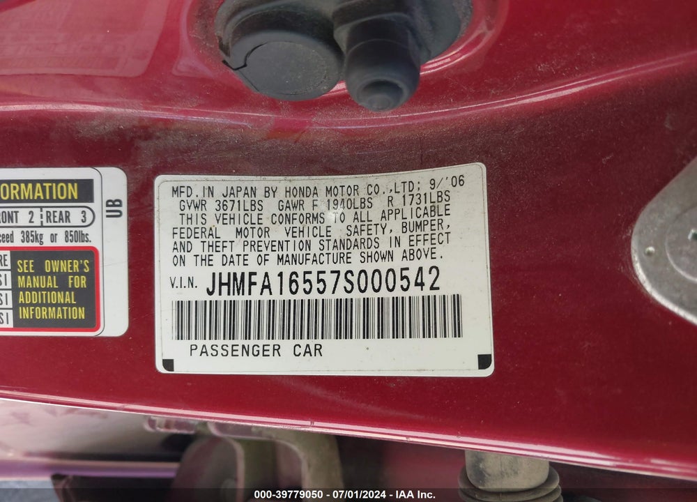 2007 HONDA CIVIC LX VIN: JHMFA16557S000542