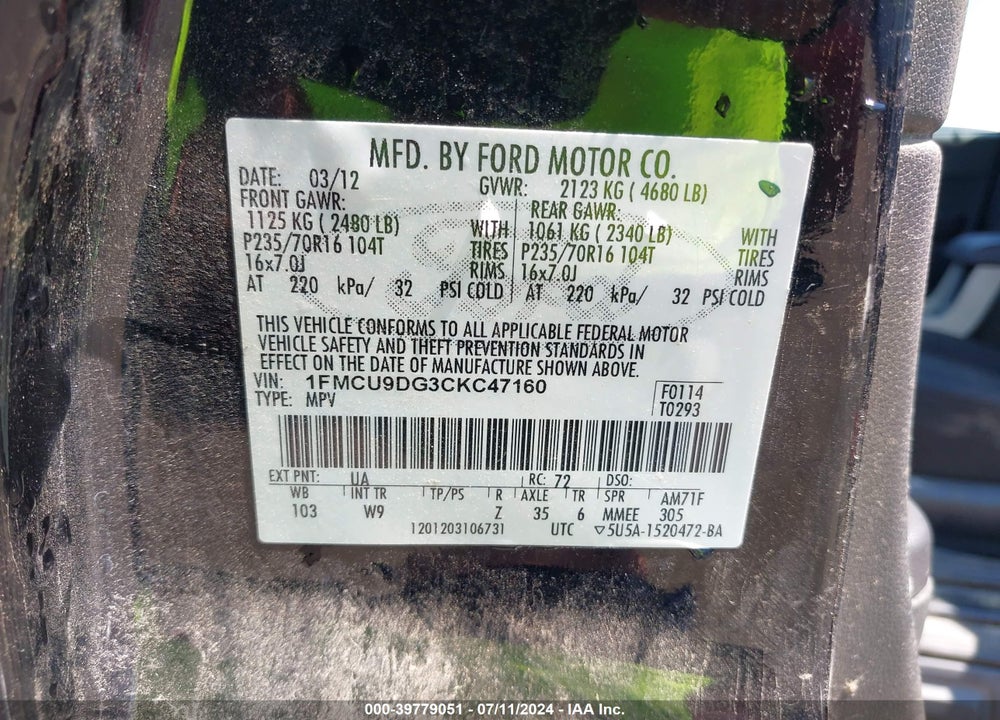2012 FORD ESCAPE XLT VIN: 1FMCU9DG3CKC47160