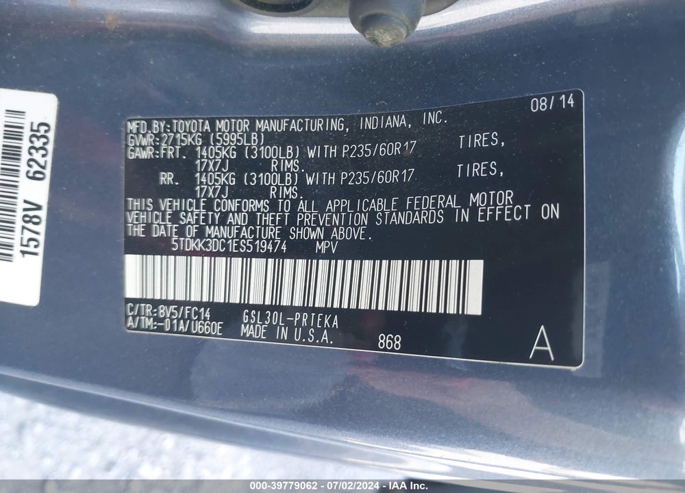 2014 TOYOTA SIENNA LE V6 8 PASSENGER VIN: 5TDKK3DC1ES519474