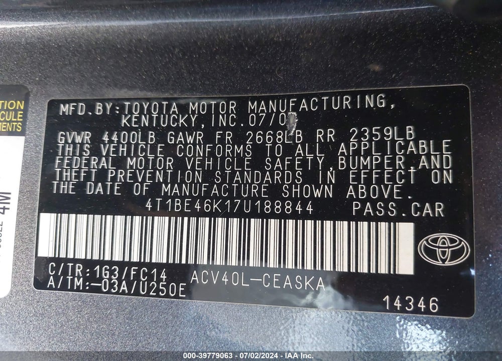 2007 TOYOTA CAMRY SE VIN: 4T1BE46K17U188844