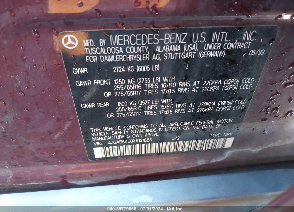 1999 MERCEDES-BENZ ML 320 VIN: 4JGAB54E8XA121683