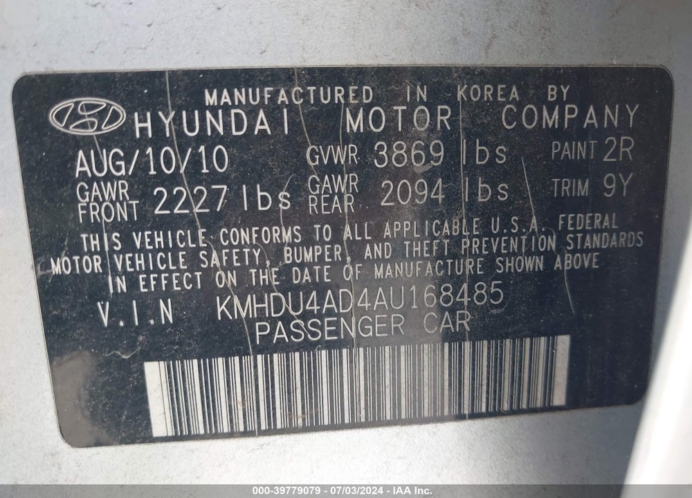 2010 HYUNDAI ELANTRA SE VIN: KMHDU4AD4AU168485