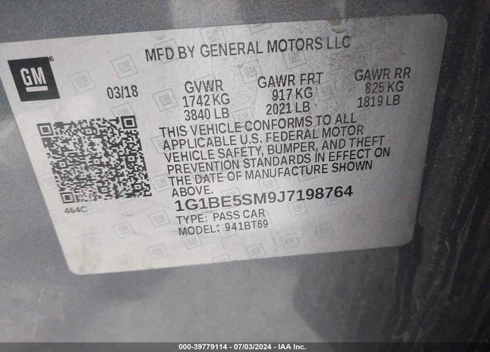 2018 CHEVROLET CRUZE LT AUTO VIN: 1G1BE5SM9J7198764