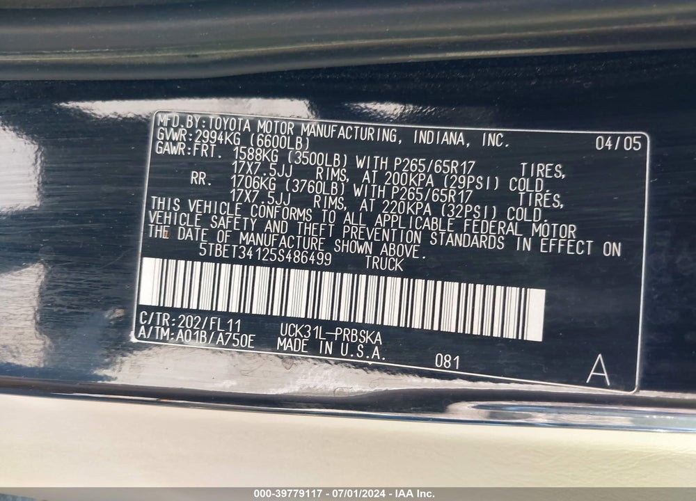2005 TOYOTA TUNDRA SR5 V8 VIN: 5TBET34125S486499