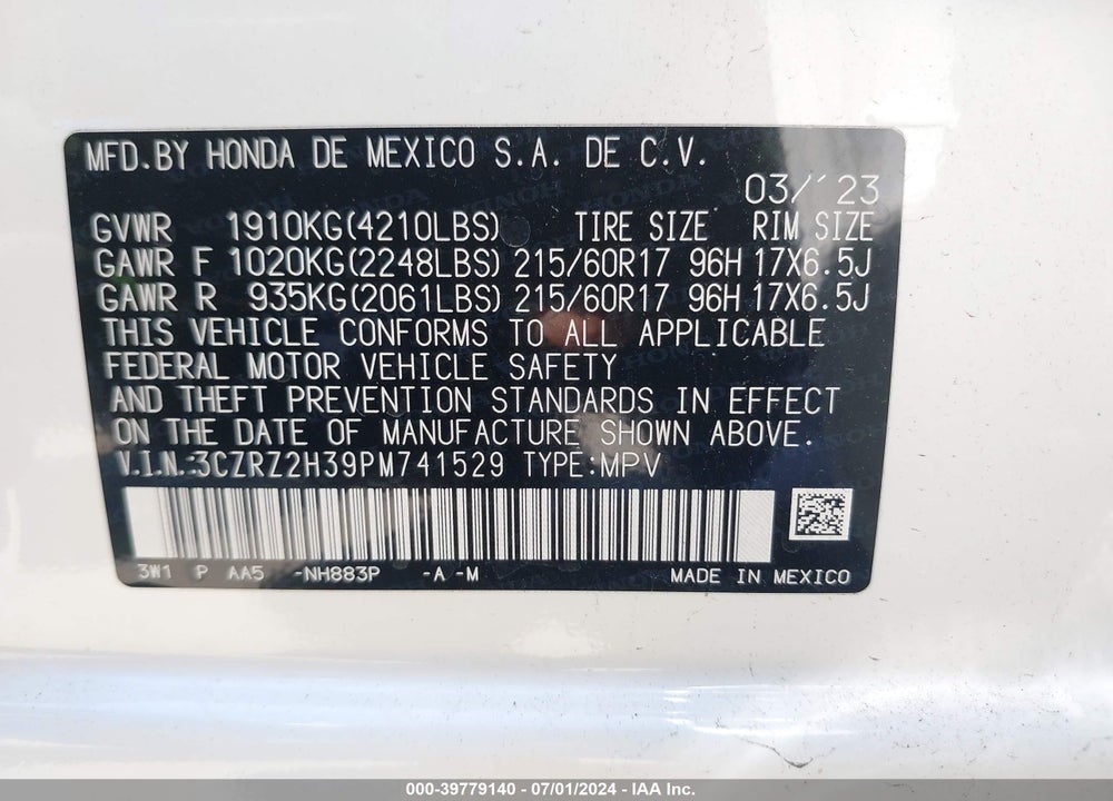 2023 HONDA HR-V AWD LX VIN: 3CZRZ2H39PM741529
