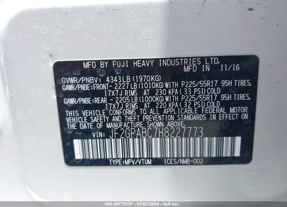 2017 SUBARU CROSSTREK 2.0I PREMIUM VIN: JF2GPABC7H8227773