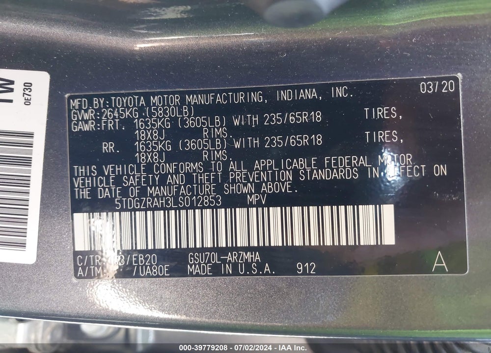 2020 TOYOTA HIGHLANDER XLE VIN: 5TDGZRAH3LS012853
