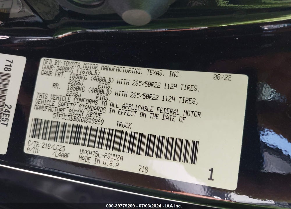 2022 TOYOTA TUNDRA HYBRID CAPSTONE VIN: 5TFVC5DB6NX009869