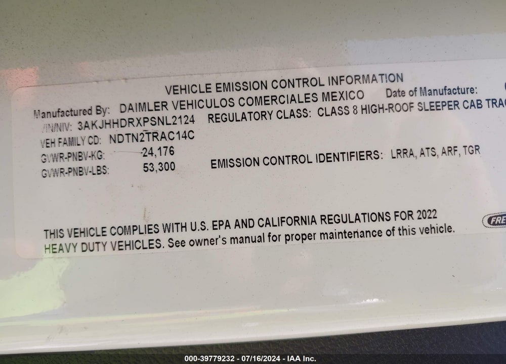 2023 FREIGHTLINER NEW CASCADIA 126 VIN: 3AKJHHDRXPSNL2124