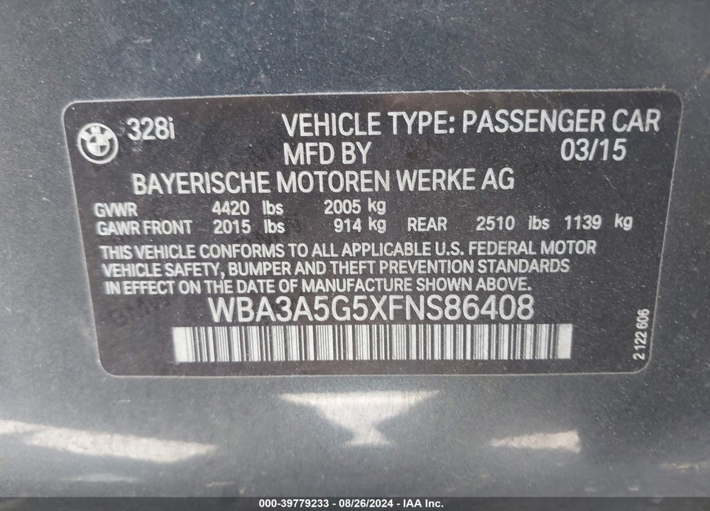 2015 BMW 328I VIN: WBA3A5G5XFNS86408