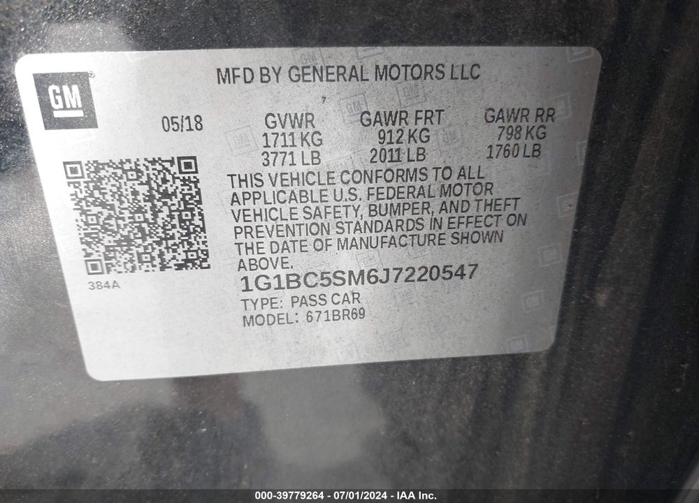 2018 CHEVROLET CRUZE LS AUTO VIN: 1G1BC5SM6J7220547