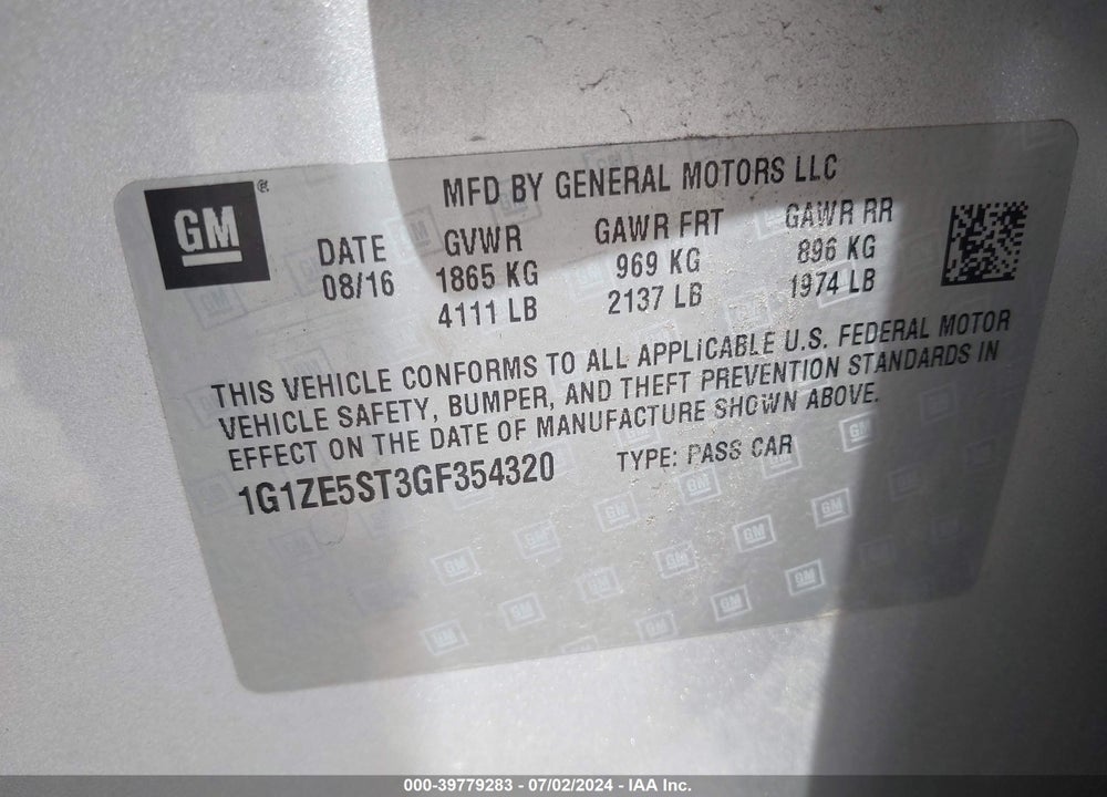 2016 CHEVROLET MALIBU 1LT VIN: 1G1ZE5ST3GF354320