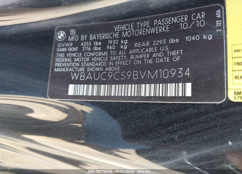 2011 BMW 135I VIN: WBAUC9C59BVM10934