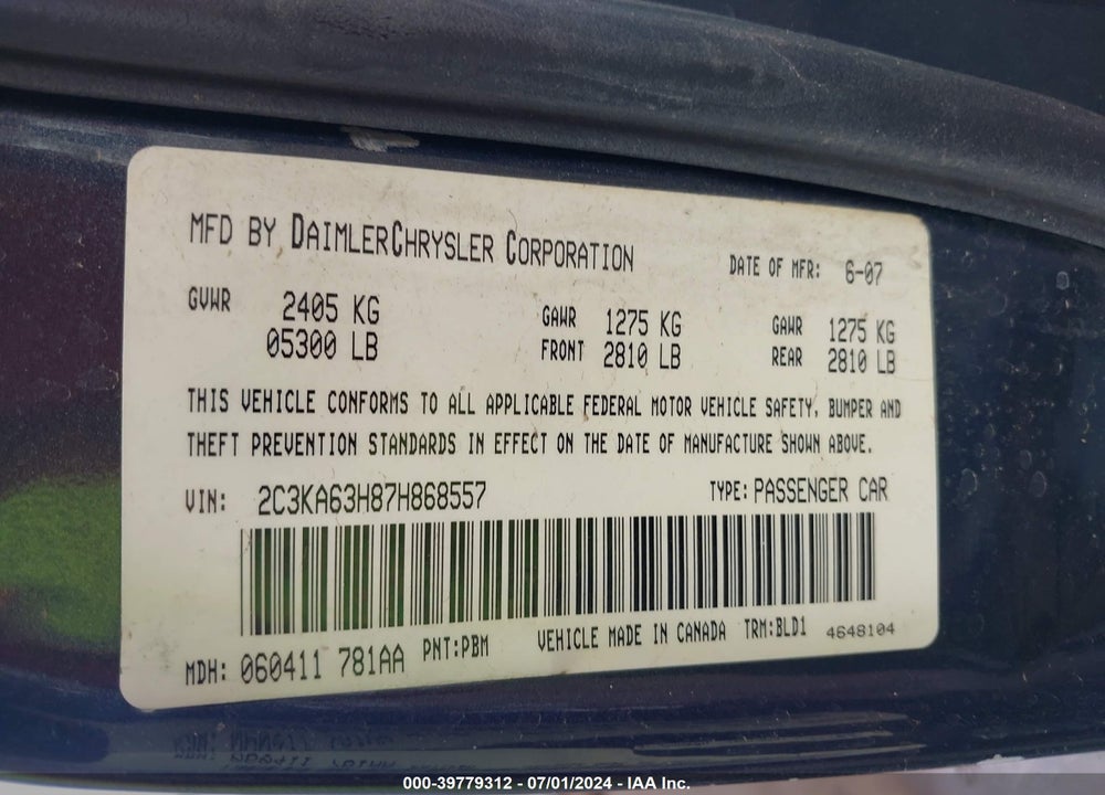 2007 CHRYSLER 300C VIN: 2C3KA63H87H868557