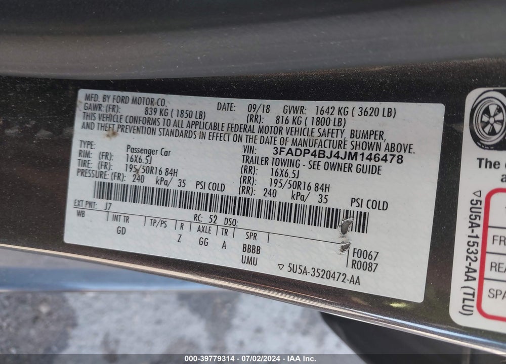 2018 FORD FIESTA SE VIN: 3FADP4BJ4JM146478