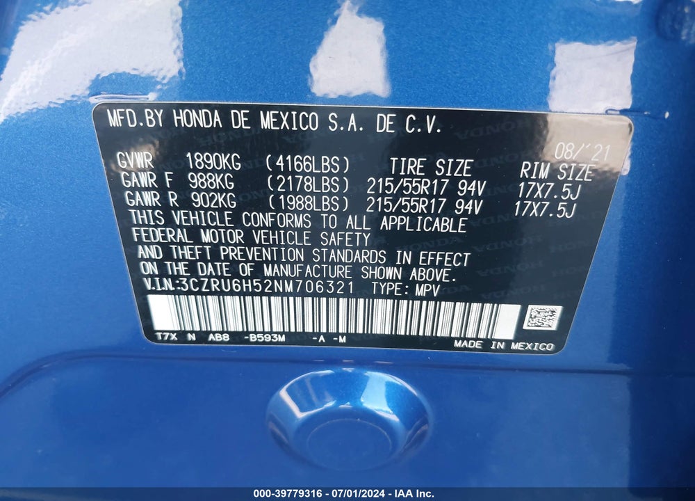2022 HONDA HR-V AWD EX VIN: 3CZRU6H52NM706321