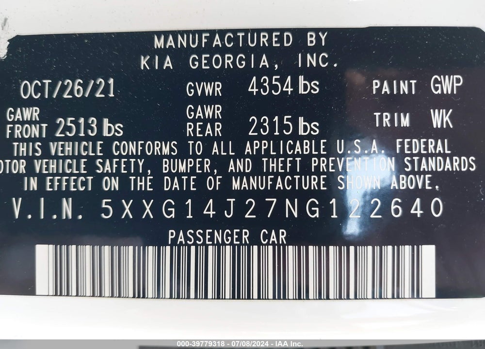 2022 KIA K5 LXS VIN: 5XXG14J27NG122640