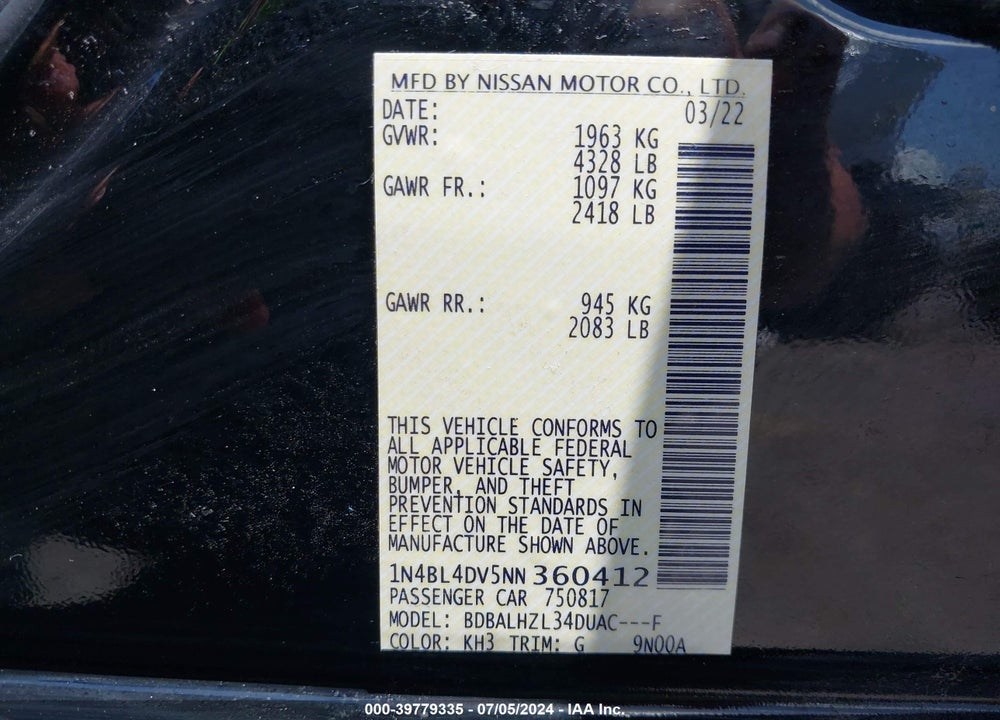 2022 NISSAN ALTIMA SV FWD VIN: 1N4BL4DV5NN360412