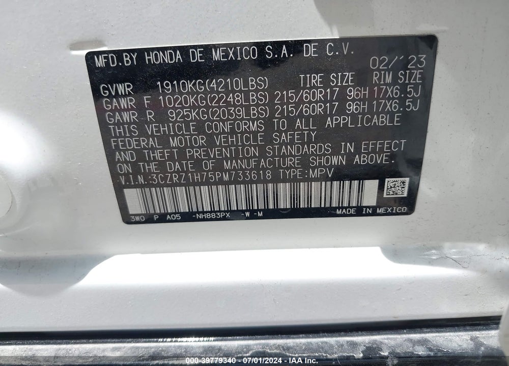 2023 HONDA HR-V 2WD EX-L VIN: 3CZRZ1H75PM733618