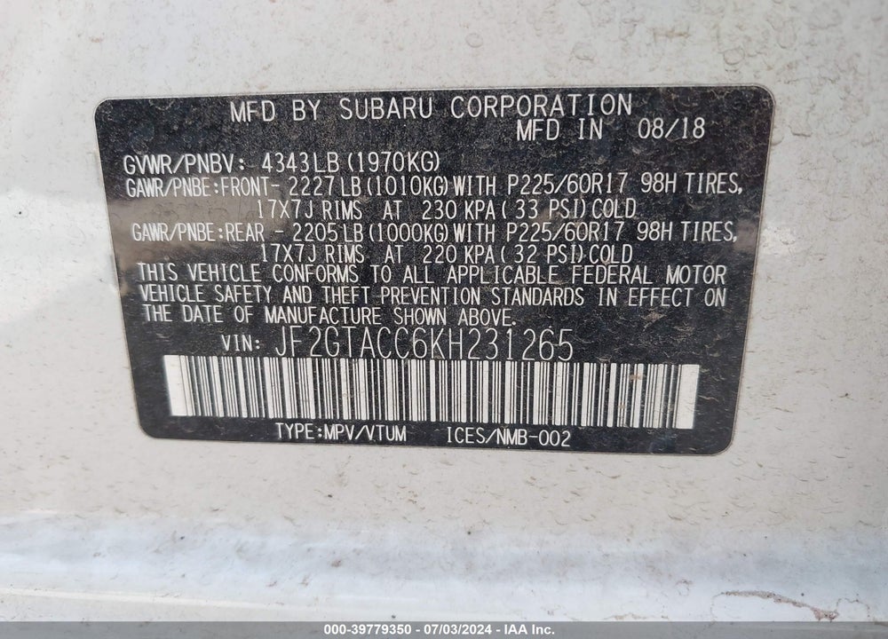 2019 SUBARU CROSSTREK 2.0I PREMIUM VIN: JF2GTACC6KH231265
