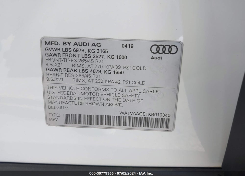 2019 AUDI E-TRON PREMIUM PLUS VIN: WA1VAAGE1KB010340