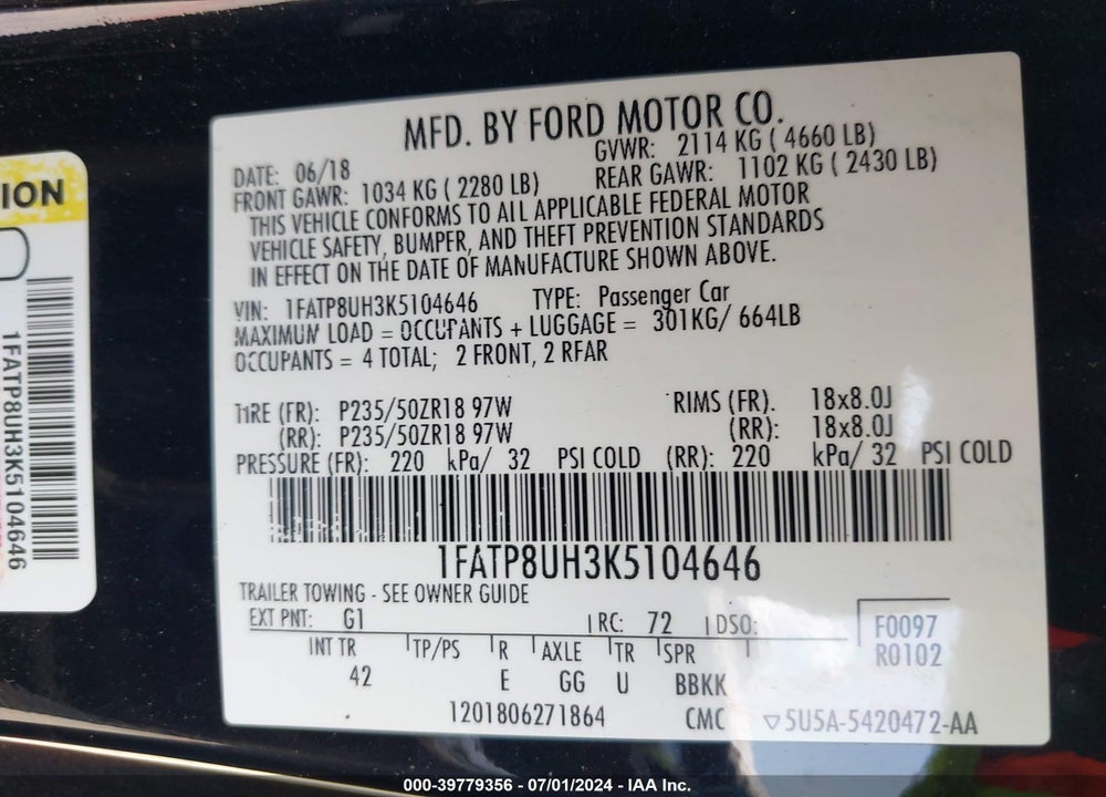 2019 FORD MUSTANG VIN: 1FATP8UH3K5104646