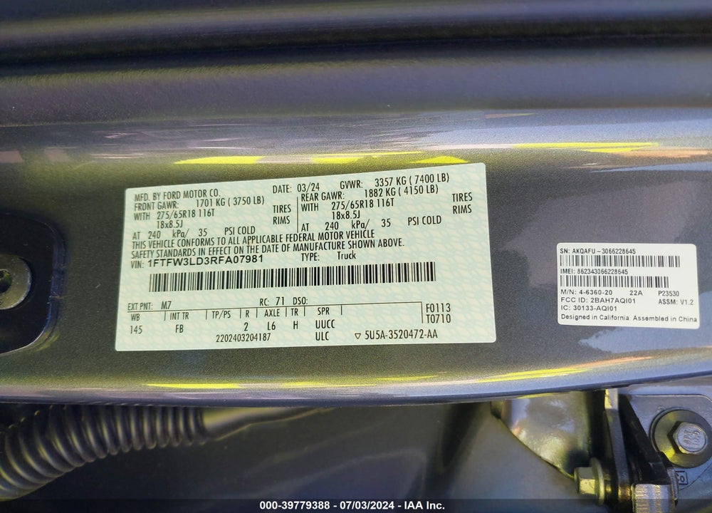 2024 FORD F-150 XLT VIN: 1FTFW3LD3RFA07981