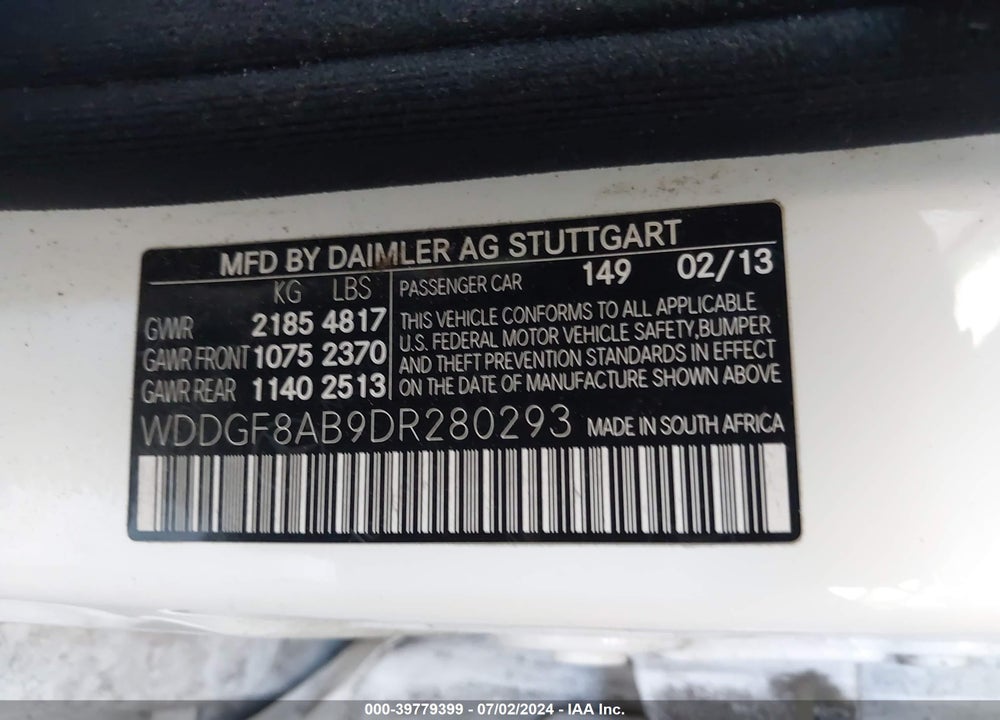 2013 MERCEDES-BENZ C 300 VIN: WDDGF8AB9DR280293