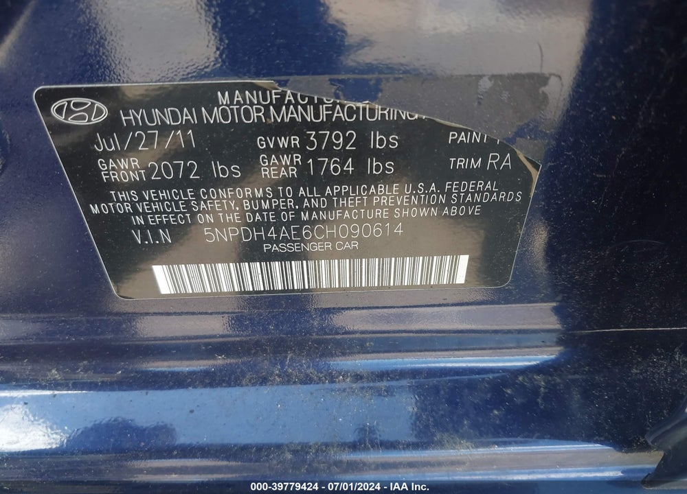 2012 HYUNDAI ELANTRA GLS VIN: 5NPDH4AE6CH090614