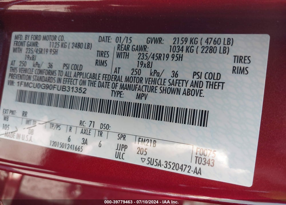 2015 FORD ESCAPE SE VIN: 1FMCU0G90FUB31352