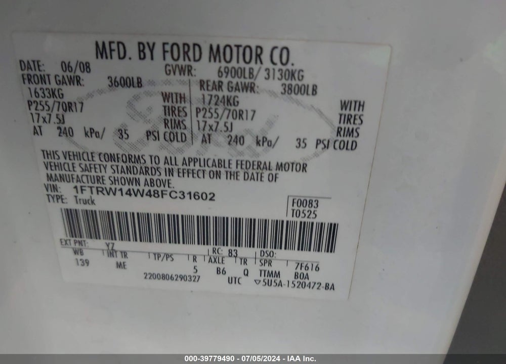2008 FORD F-150 XLT VIN: 1FTRW14W48FC31602