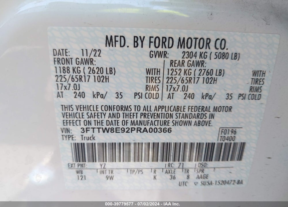 2023 FORD MAVERICK XL VIN: 3FTTW8E92PRA00366