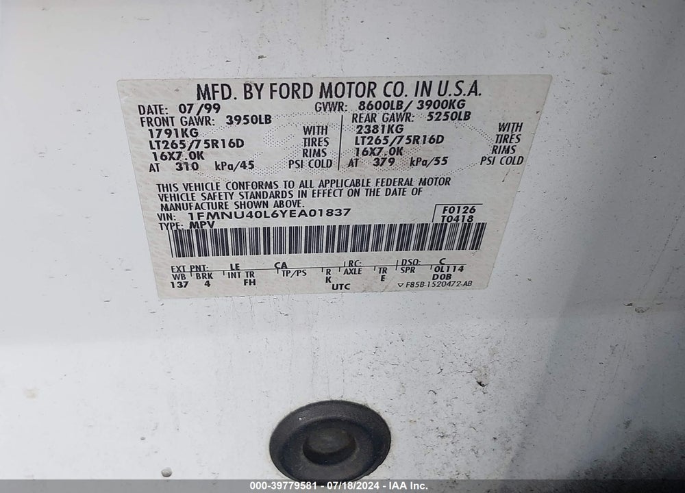 2000 FORD EXCURSION XLT VIN: 1FMNU40L6YEA01837