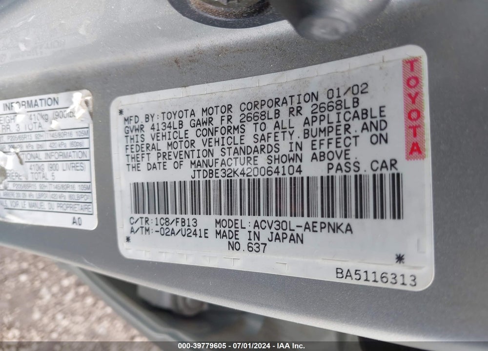 2002 TOYOTA CAMRY LE VIN: JTDBE32K420064104