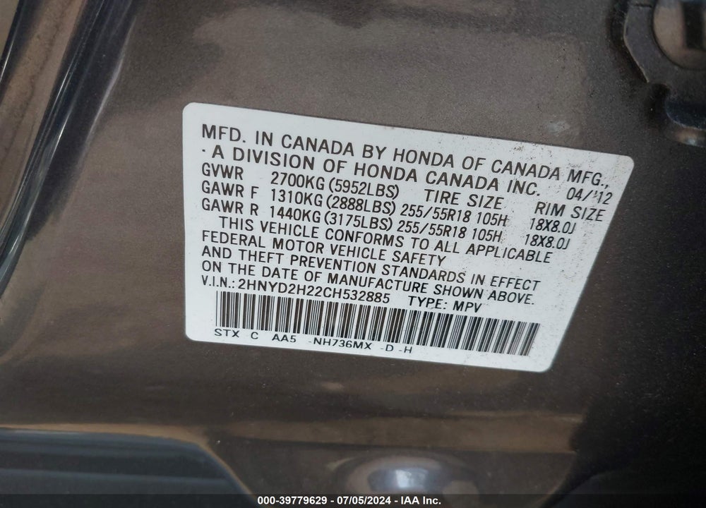 2012 ACURA MDX VIN: 2HNYD2H22CH532885