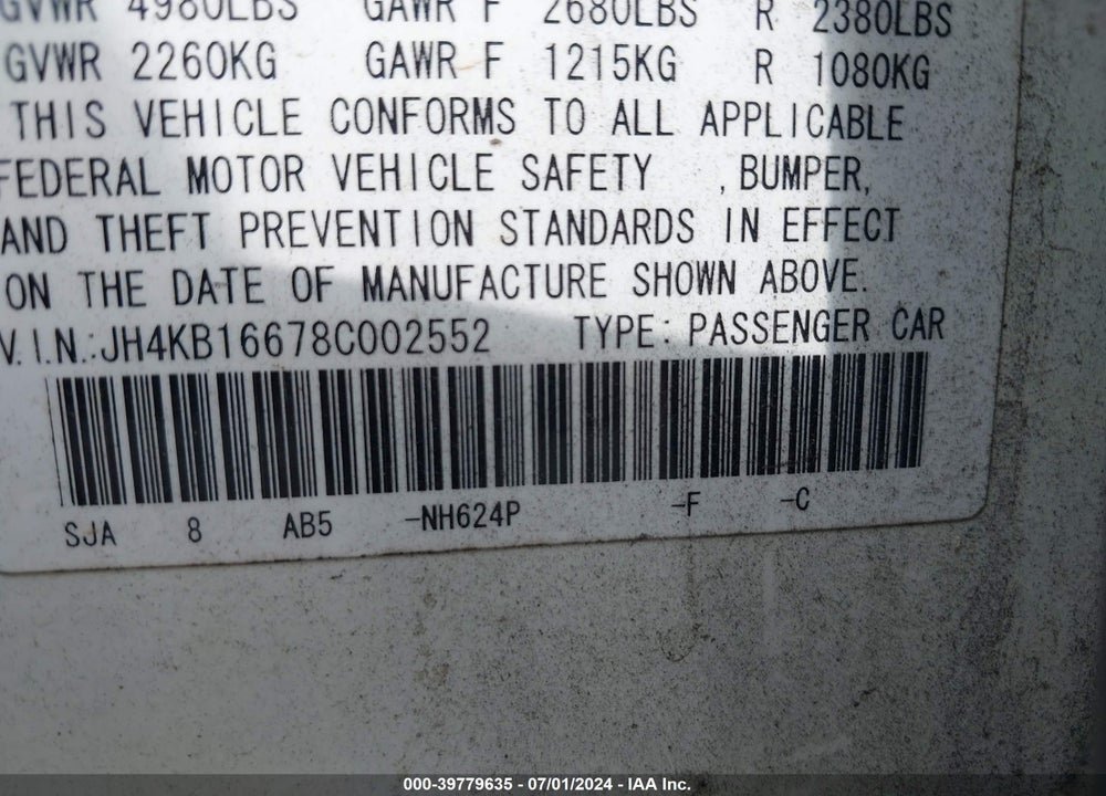 2008 ACURA RL 3.5 VIN: JH4KB16678C002552