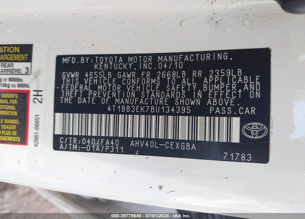 2011 TOYOTA CAMRY HYBRID VIN: 4T1BB3EK7BU134395