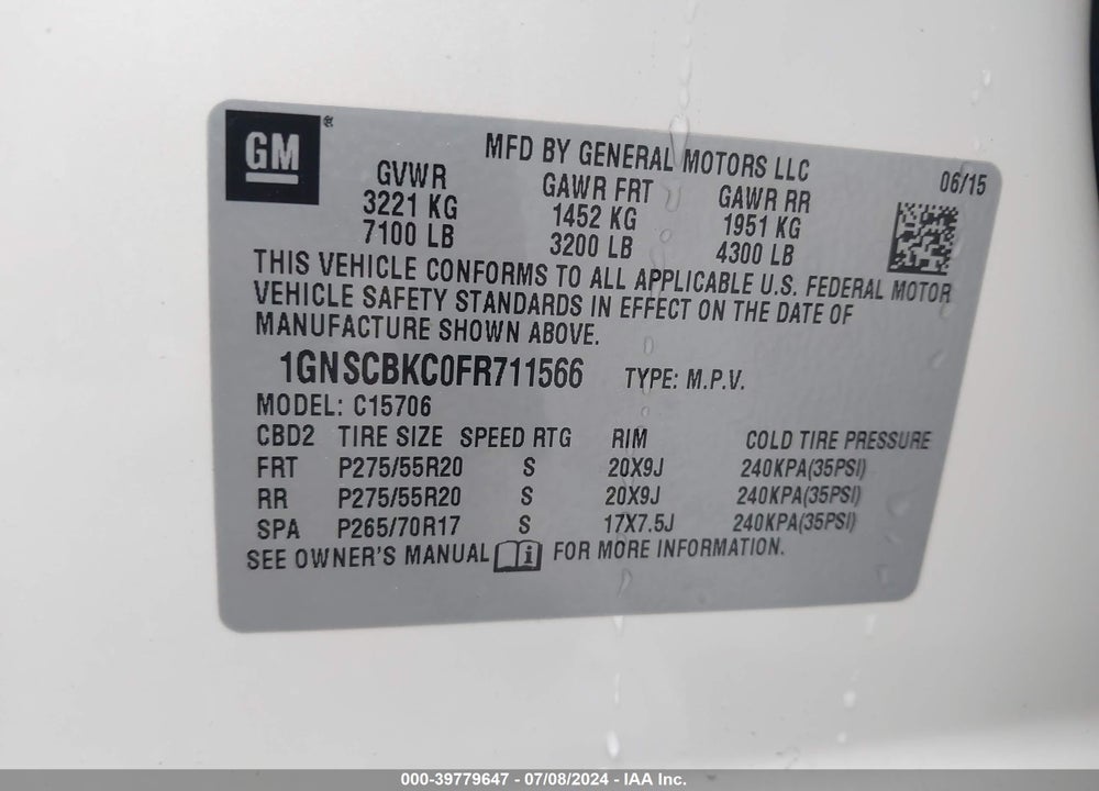 2015 CHEVROLET TAHOE LT VIN: 1GNSCBKC0FR711566