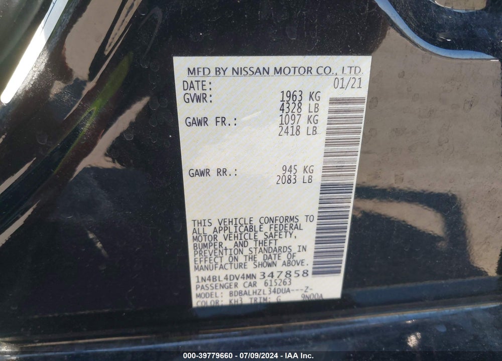 2021 NISSAN ALTIMA SV FWD VIN: 1N4BL4DV4MN347858