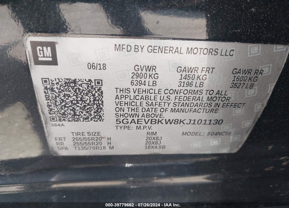 2019 BUICK ENCLAVE AWD PREMIUM VIN: 5GAEVBKW8KJ101130