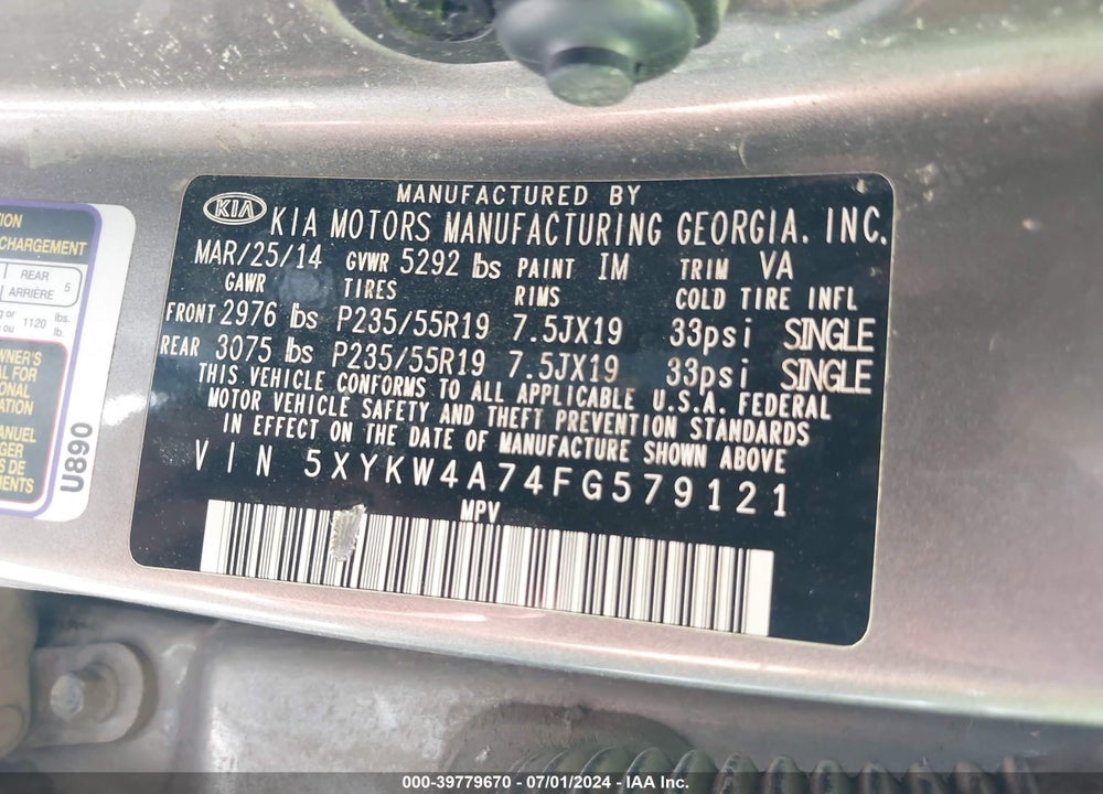 2015 KIA SORENTO LIMITED V6 VIN: 5XYKW4A74FG579121
