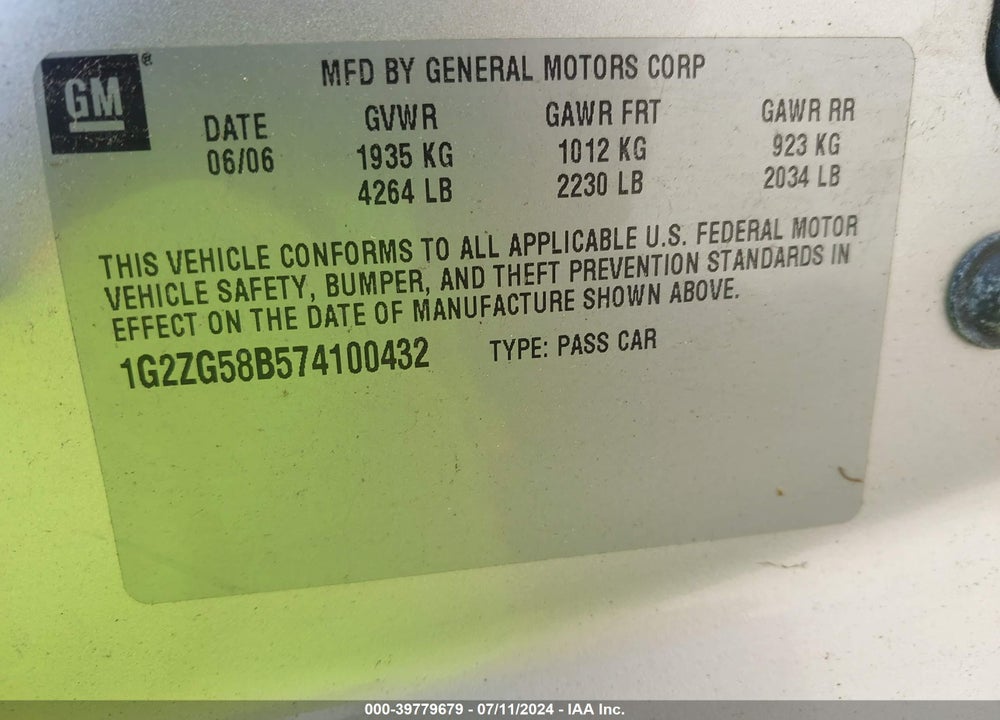 2007 PONTIAC G6 VIN: 1G2ZG58B574100432