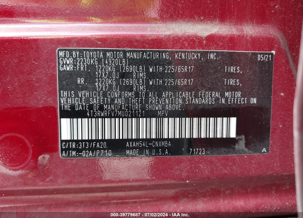 2021 TOYOTA RAV4 HYBRID XLE VIN: 4T3RWRFV7MU021121